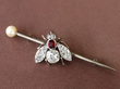 Antique Edwardian Ruby, Diamond, Pearl and Silver Set Insect Bar Brooch Close Up