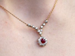 Victorian Ruby Cluster Pendant Necklace with Diamonds being worn