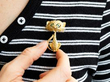 Vintage Gold Cat Brooch with Emeralds wearing