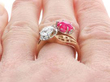 Ruby and Diamond Toi et Moi Ring on finger