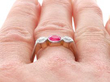 Antique Pink Sapphire and Diamond Trilogy Ring on finger