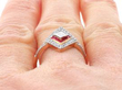Lozenge Shaped Edwardian Ruby and Diamond Ring on finger