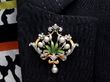 Art Nouveau Pearl Diamond and Enamel Brooch being worn