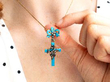 Antique Blue Enamel and Diamond Pendant being worn