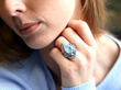 Carved Aquamarine and Diamond Stylised Insect Ring wearing