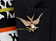 Wearing Victorian Gemstone Bird Brooch in Gold