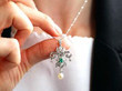 Pearl Diamond and Emerald Pendant Necklace being worn