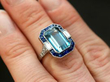 Art Deco Style Aquamarine Sapphire and Diamond Ring on finger