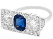 Antique Rectangular Sapphire and Diamond Ring in platinum