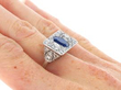 Antique Rectangular Sapphire and Diamond Ring on hand