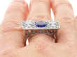 Antique Rectangular Sapphire and Diamond Ring on finger