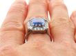 Step Cut Ceylon Sapphire Diamond Ring on finger