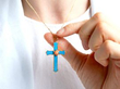 Wearing Blue Enamel Cross Pendant