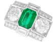 Octagonal Cut Emerald and Diamond Ring in Platinum