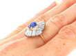 yellow gold Vintage Sapphire and Diamond Ballerina Ring on finger
