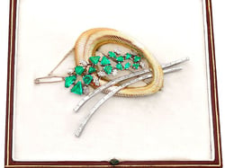 Boxed Emerald and Diamond Brooch