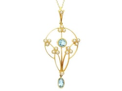 Art Nouveau Style Aquamarine and Pearl Pendant