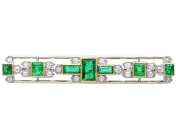 Edwardian Bar Brooch with Emeralds and Diamonds