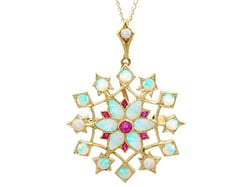 Opal and Ruby Floral Pendant in Gold