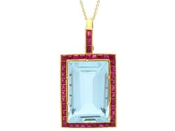 Large Emerald Cut Aquamarine and Ruby Pendant