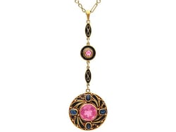 Art Nouveau Pink Tourmaline and Enamel Pendant