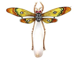 Pearl and Enamel Dragonfly Brooch in Gold