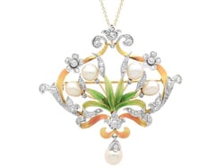 Art Nouveau Pearl Diamond and Enamel Brooch Pendant
