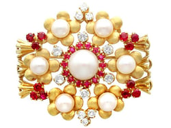 Vintage Gold Pearl and Ruby Brooch for Sale