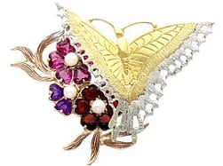 Gemstone Butterfly and Flowers Brooch