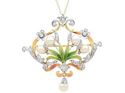 Art Nouveau Pearl Diamond and Enamel Brooch Pendant