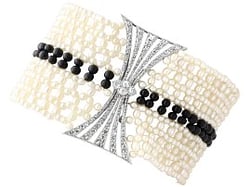 Antique Pearl and Onyx Bead Bracelet with Diamonds