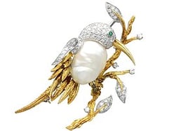 Blister Pearl Bird Brooch in Gold for Sale