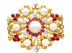 Vintage Gold Pearl and Ruby Brooch for Sale