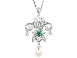 Pearl Diamond and Emerald Pendant Necklace