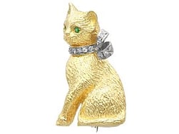 Vintage Gold Cat Brooch with Diamond Bow