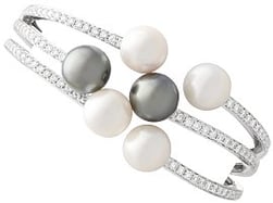 Large Pearl and Diamond Bangle in White Gold