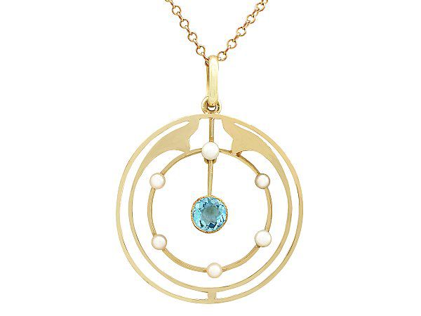 Antique Gold Aquamarine and Pearl Pendant