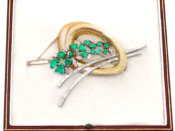 Boxed Emerald and Diamond Brooch