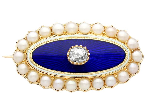 Blue Enamel and Pearl Brooch