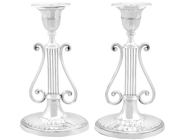 Victorian Silver Candlesticks Lyre Style