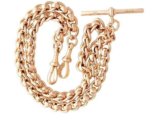 Edwardian t bar watch chain in yellow gold for sale