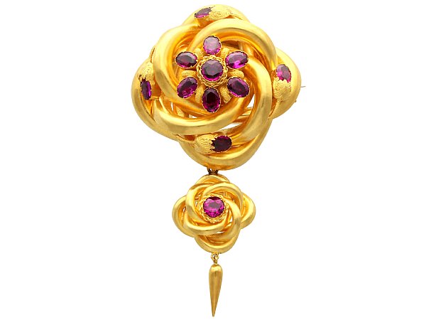 Gold Antique Tassel Brooch with Garnets