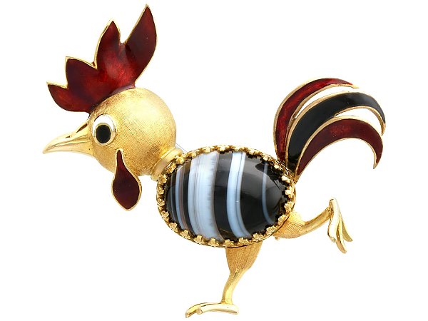 Agate Bird Brooch in Gold