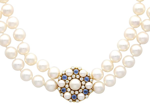 Vintage Pearl Necklace with Sapphire Clasp