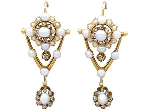 Antique Pearl Chandelier Earrings in Yellow Gold