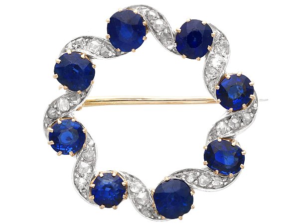 Blue Sapphire and Diamond Wreath Brooch in Gold