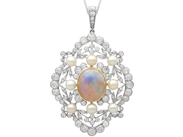Antique Opal and Diamond Pendant with Pearls