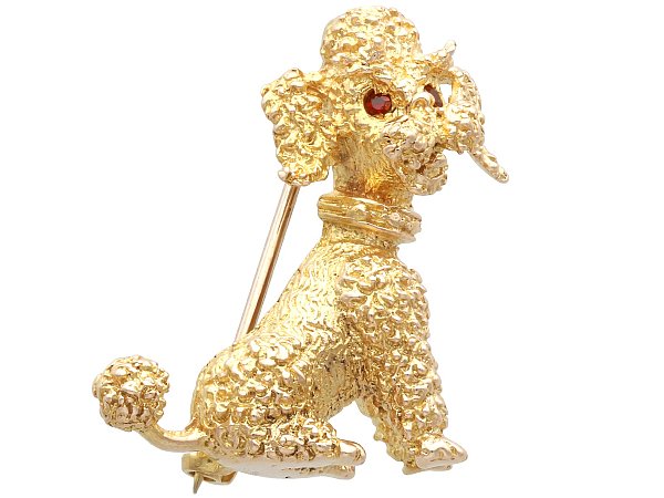 Vintage Gold Poodle Brooch with Garnets