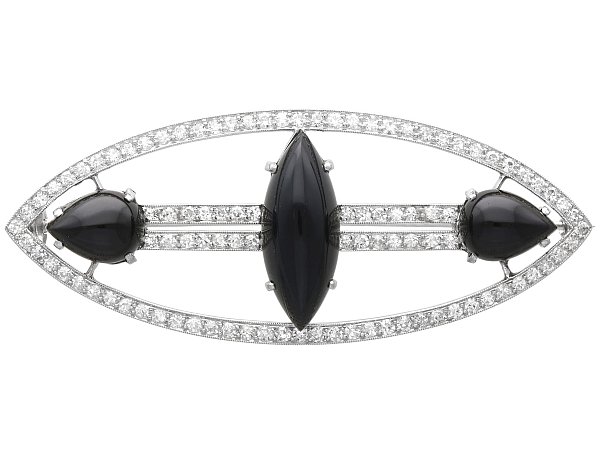 Navette Onyx and Diamond Brooch with Diamonds