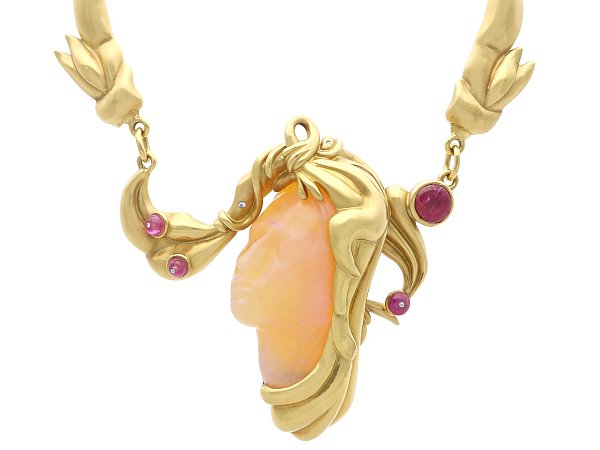 Carved Opal and Ruby Necklace in 18ct Gold